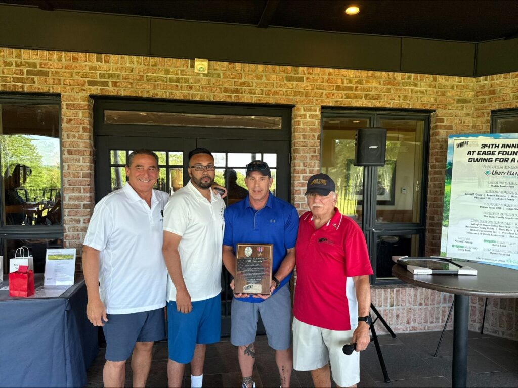 Robert Vicci, Kenneth Gerhart, Will Harzula, and Pat Grillo at the 2026 AT-EASE Foundation golf outing award presentation